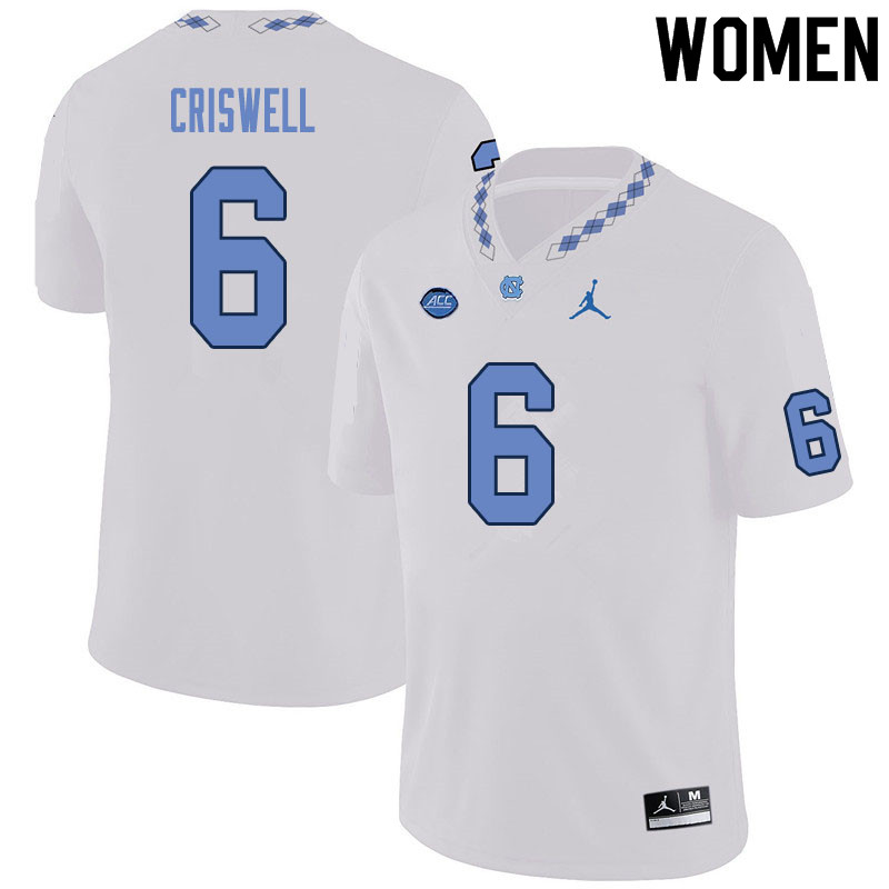 Women #6 Jacolby Criswell North Carolina Tar Heels College Football Jerseys Sale-White